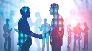 124084848 silhouettes of business people shaking hands and discussing work over blurred background with double 1